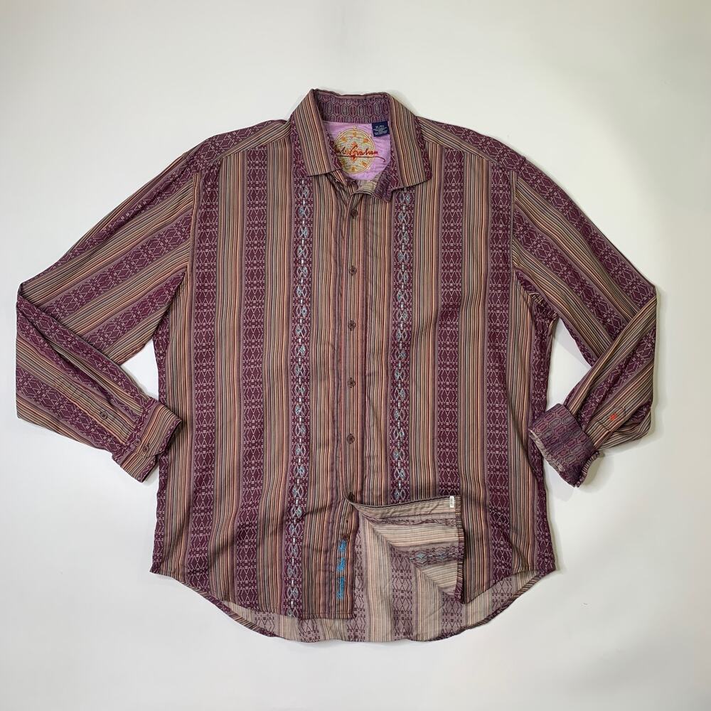 Robert Graham Shirt Mens Extra Large Garnet Flip Cuff Embroidered Striped Cotton - Picture 2 of 9